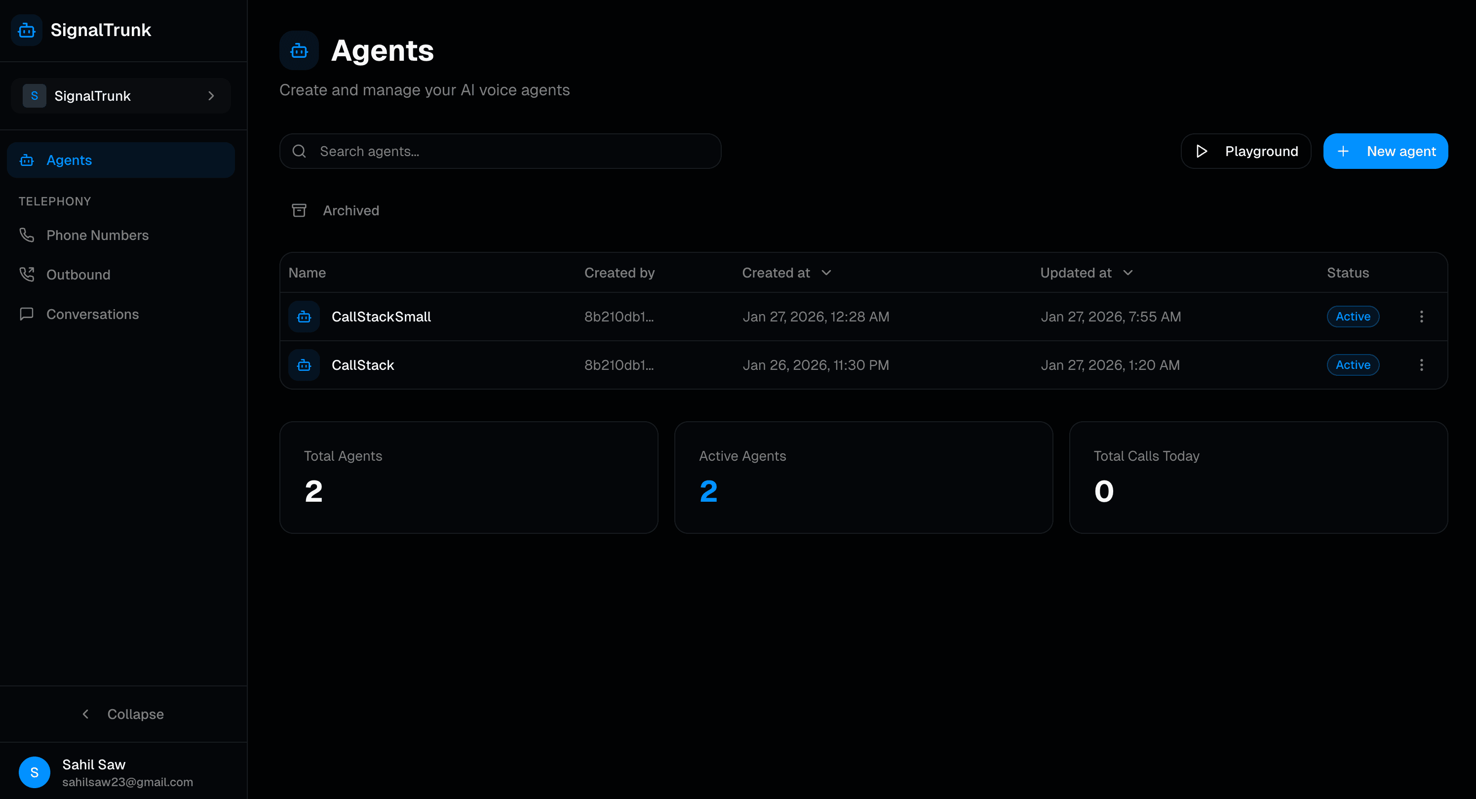 SignalTrunk Dashboard - AI Voice Agent Management Interface